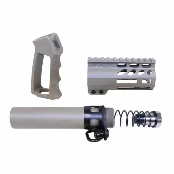 Disassembled gray AR-15 accessories: ergonomic grip, skeletonized M-LOK handguard, buffer tube assembly.