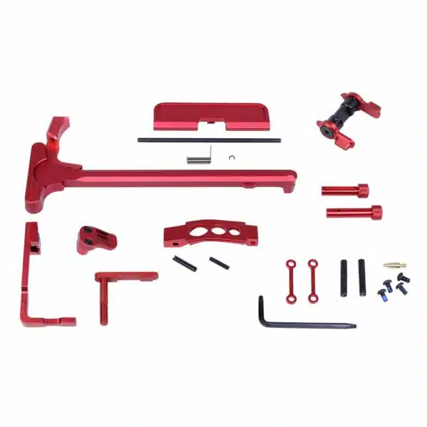 Anodized red AR-15 parts kit for customization and performance enhancement.