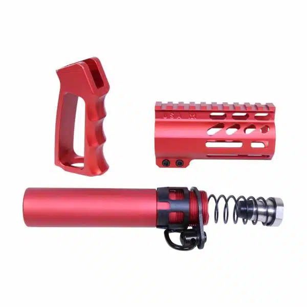 Red anodized AR-15 accessories: ergonomic grip, ventilated handguard, buffer tube with spring.