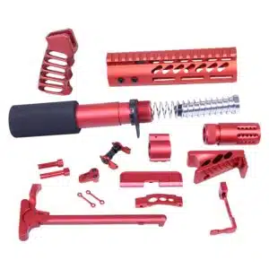 Red anodized AR-15 components for customization: handguard, pistol grip, buffer tube, trigger, and more.