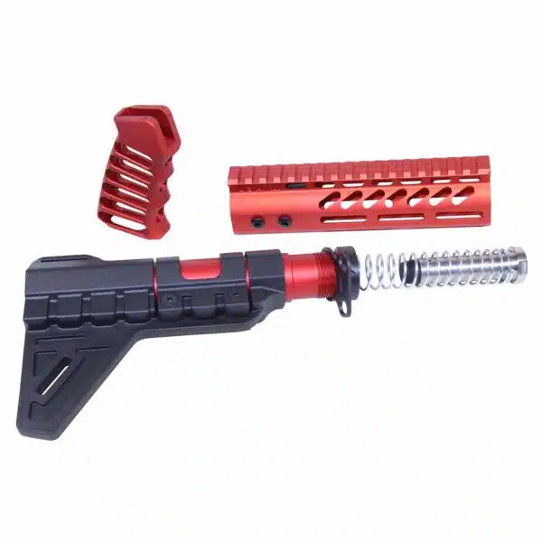 Red and black AR-15 accessories set with stabilizing brace, handguard, and ergonomic grip.