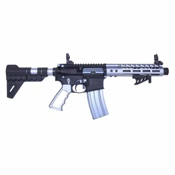 Custom AR-15 rifle with tactical modifications, black finish, and precision components.
