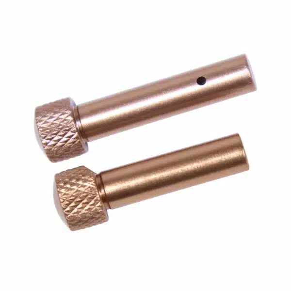 Copper connector pins with knurled grip, drilled hole, and polished finish for electronics.