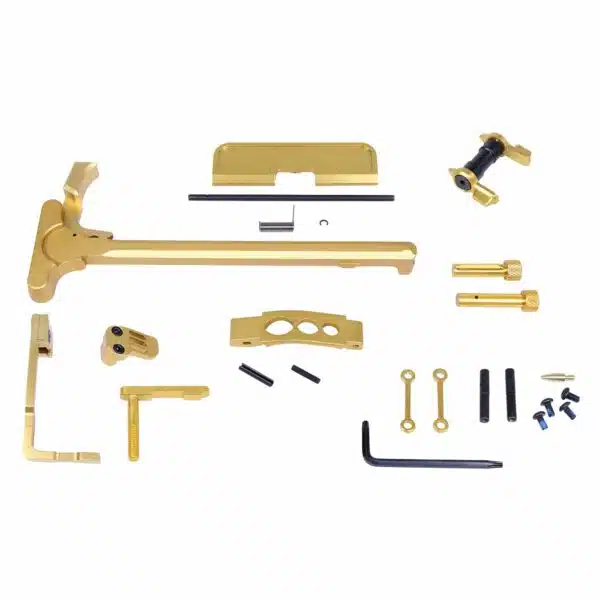 Gold AR-15 parts kit with titanium nitride finish for customization and performance enhancement.
