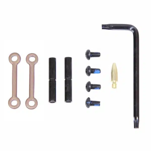 Hardware kit with connectors, spacers, blue screws, brass pin, and hex key for precision assembly.