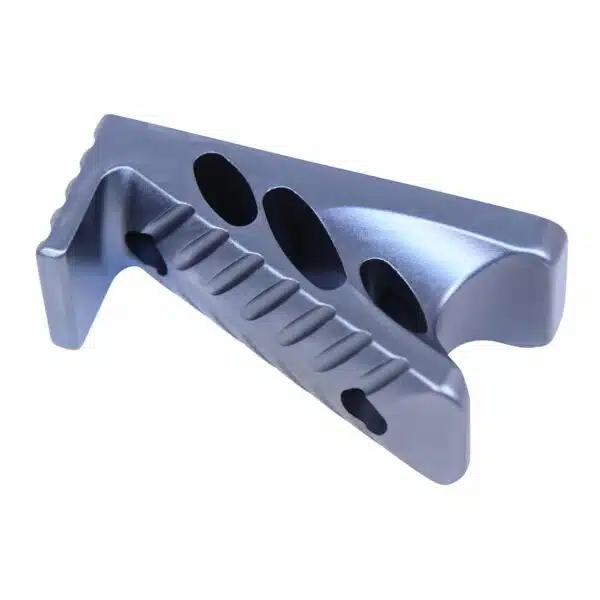 Precision-engineered M-LOK micro angle grip with serrated edges and anodized silvery-blue finish.