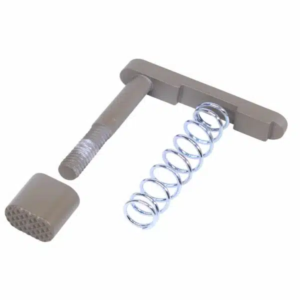 Disassembled meat tenderizer parts: gray handle, metal shaft, coil spring, cylindrical head with teeth.