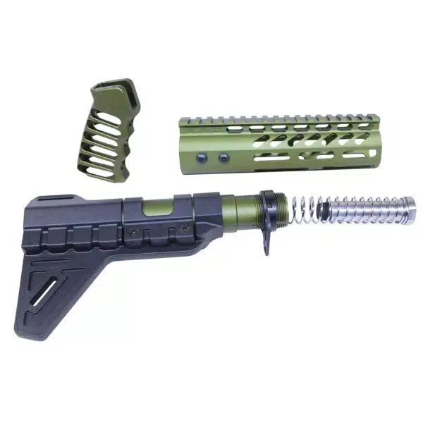 AR-15 customization parts: stabilizing brace, green handguard, and textured pistol grip.