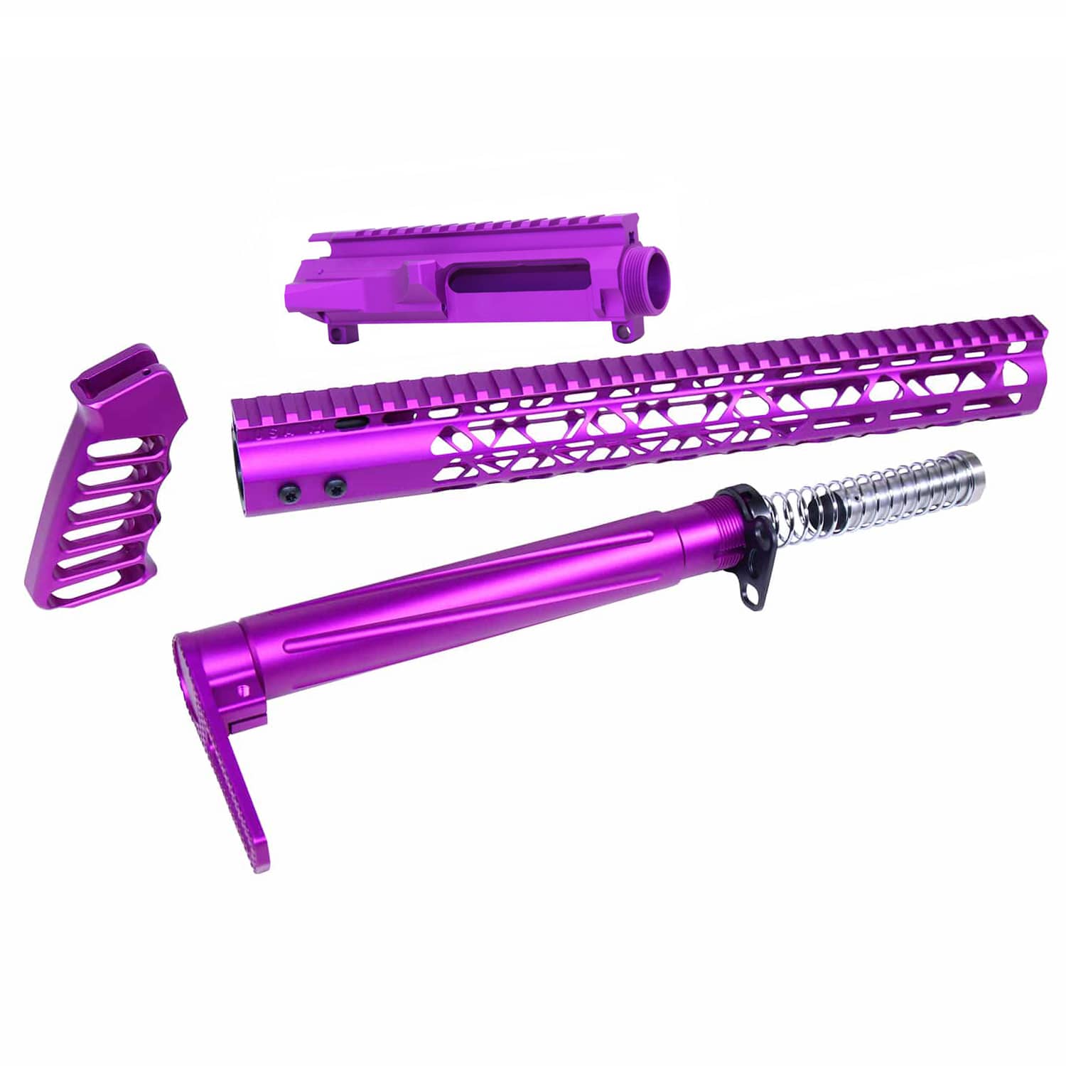 AR-15 Airlite Series furniture set and upper receiver in purple anodized finish.
