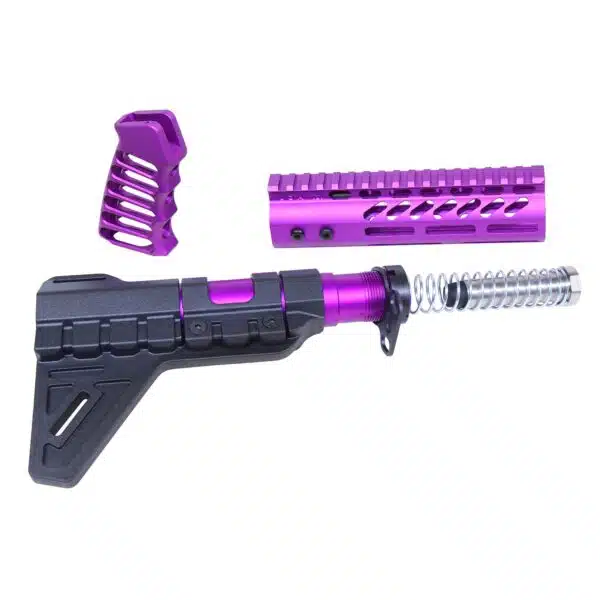 Vibrant purple AR-15 accessories set, including pistol brace, grip, handguard in anodized finish.