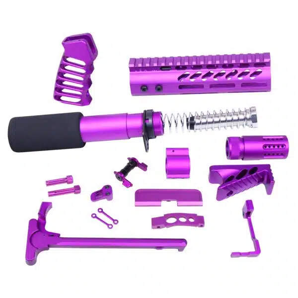 Purple anodized AR-15 parts, including grip, handguard, and buffer, showcasing custom precision design.