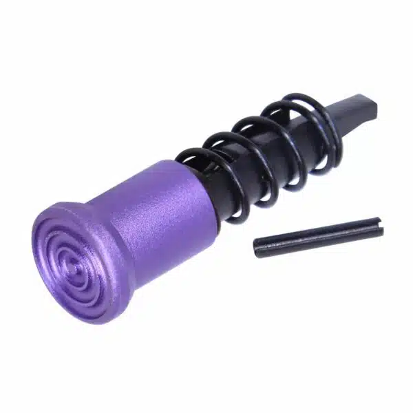 Purple shock absorber with black coil spring and installation pin for mechanical systems.