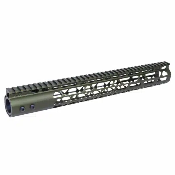 Olive green tactical rifle handguard with Picatinny rail, lightweight, customizable for sporting rifles.