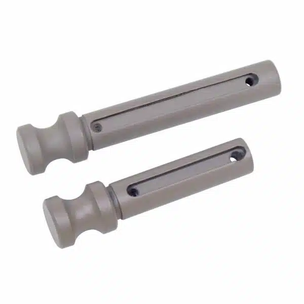 Two precision metal fasteners with knob heads and drilled shafts for secure mechanical connections.