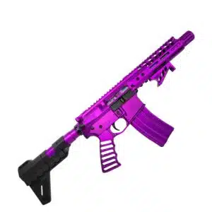 Purple AR-15 rifle with short barrel and custom anodized finish, featuring tactical accessories.