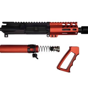 AR15 micro pistol upper set in red with buffer tube and grip.