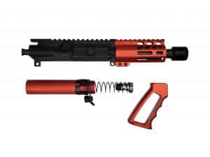 AR15 micro pistol upper set in red with buffer tube and grip.