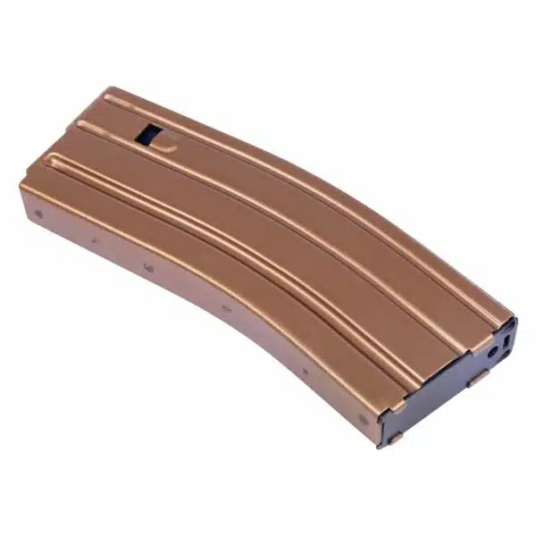 Bronze AR-15 magazine, 30-round, anti-tilt, anodized finish for durability and aesthetics.