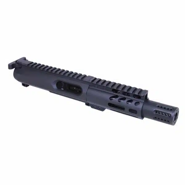 Compact AR-style upper receiver, matte black, with Picatinny rail and integrated muzzle device.