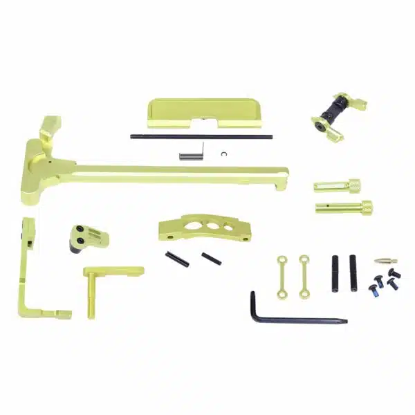Anodized Gold AR-15 Upgrade Kit with Charging Handle, Selectors, Trigger Components, and Installation Tools.