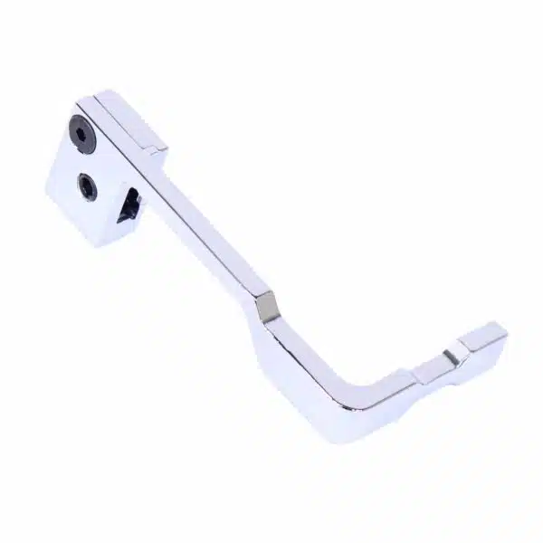 Precision metal lever, L-shaped, polished, with mounting holes for industrial/mechanical use.