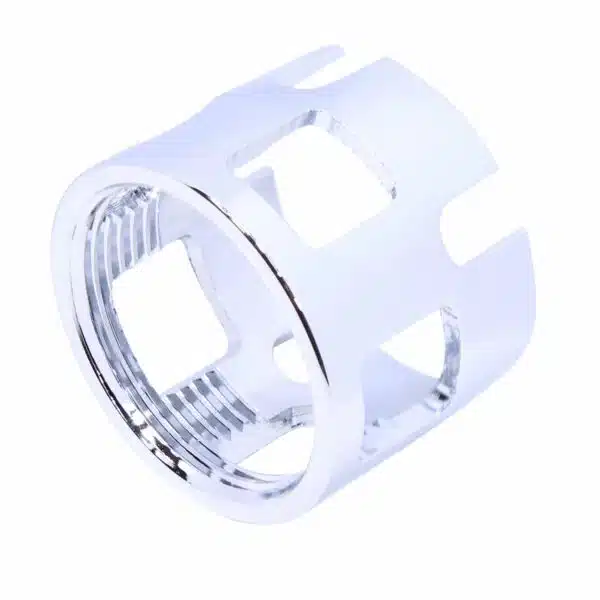 Chrome AR-15 Castle Nut with internal threading and cutouts for Carbine/M4 buffer tube.