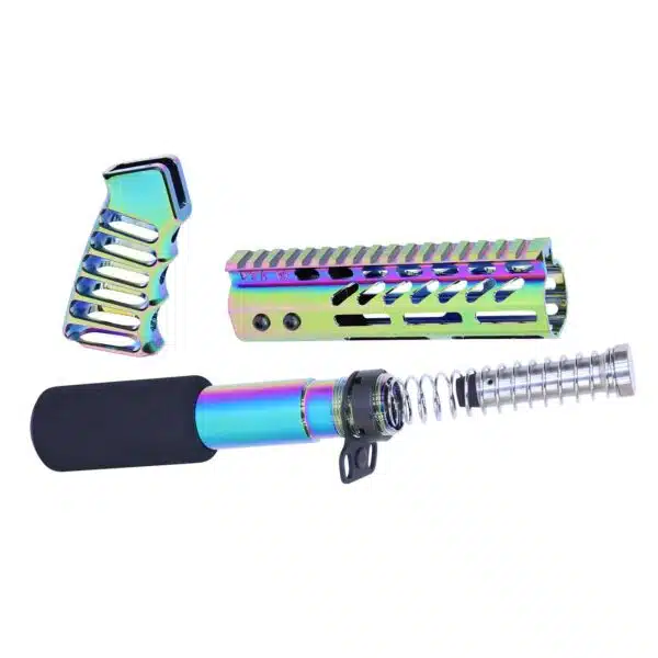 Iridescent AR-15 parts set: handguard, buffer tube, pistol grip in teal, purple, blue.