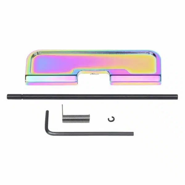 Rainbow PVD AR-15 dust cover kit with rod, wrench, spring, and C-clip on white background.