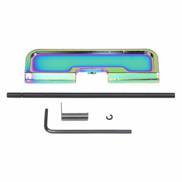 Rainbow PVD AR-15 dust cover kit with tool, spring, rod, and clip for firearm customization.