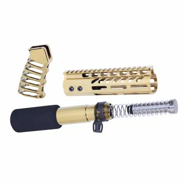 Gold-Tan AR15 parts: M-LOK handguard, buffer tube, textured grip in FDE finish.