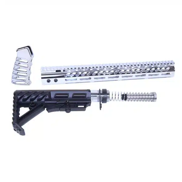 Customizable AR-15 parts: translucent grip, silver handguard, ergonomic black stock, buffer tube.