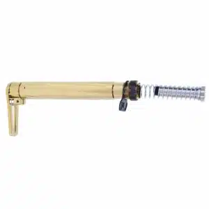 Premium brass garden hose nozzle with adjustable spray and visible internal components.