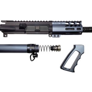 5.56 caliber AR15 micro pistol upper assembly in anodized grey.
