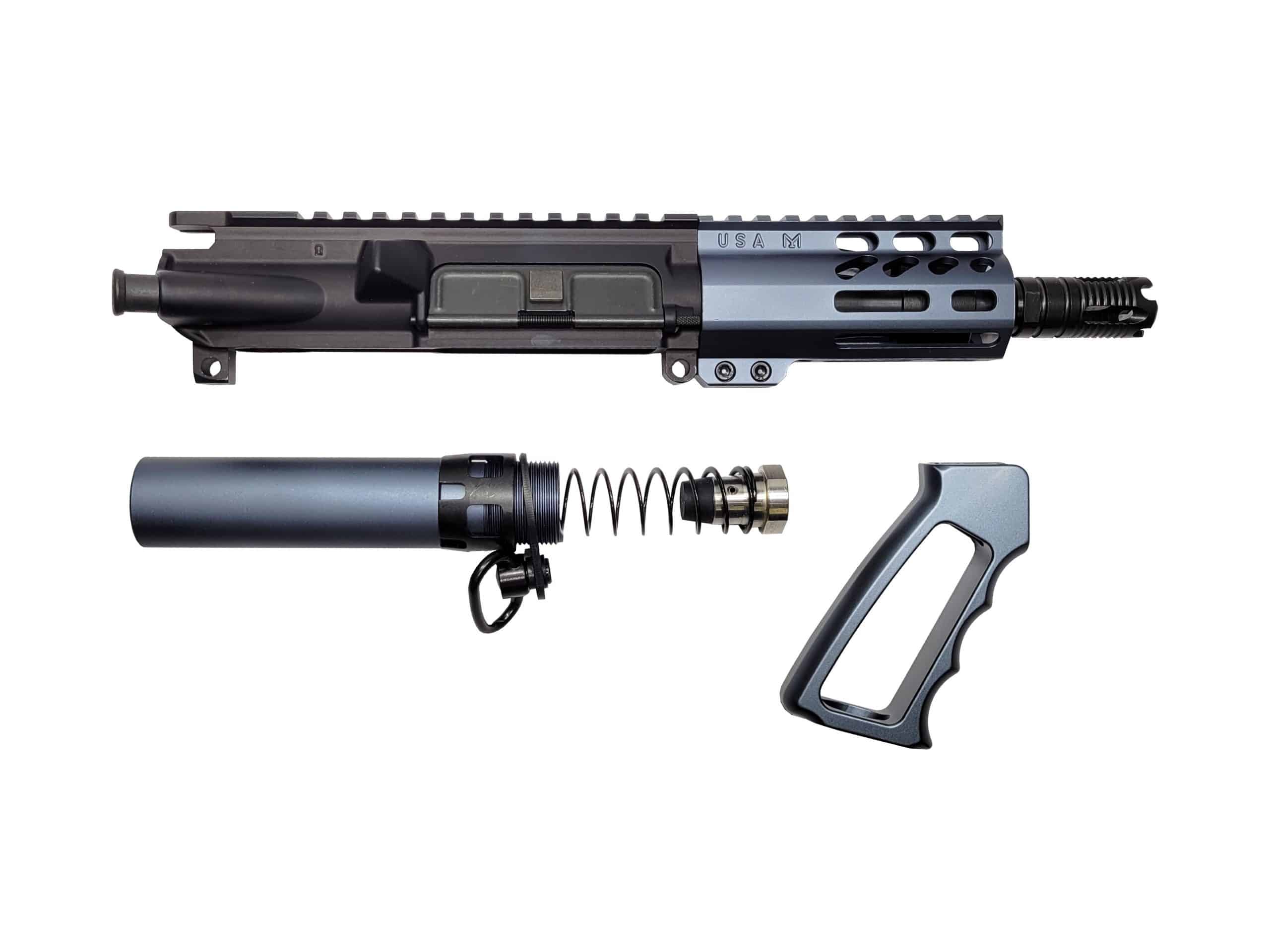 5.56 caliber AR15 micro pistol upper assembly in anodized grey.