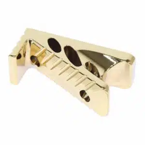 Premium gold-plated guitar bridge enhancing tone and playability for electric stringed instruments.