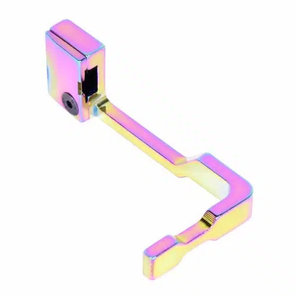Iridescent L-shaped gimbal for mobile filming, featuring adjustability and a rainbow metallic finish.