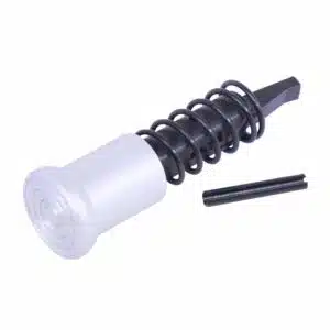 AR-15 forward assist assembly with nylon tip, coil spring, and metallic housing.