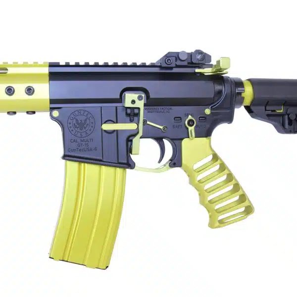 Neon yellow tactical AR-style rifle with ergonomic design and accessory rails.
