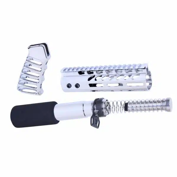 Chrome AR-15 accessories: sleek handguard, ergonomic grip, and spring-loaded buffer tube.