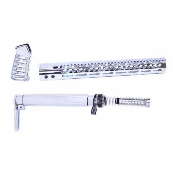 Chrome AR-15 furniture set: pistol grip, handguard, buffer tube for customization.