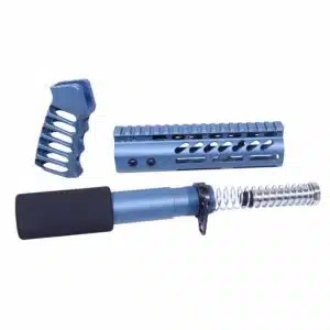 Blue anodized AR-15 accessories set, including rail, buffer tube, and grip for customization.