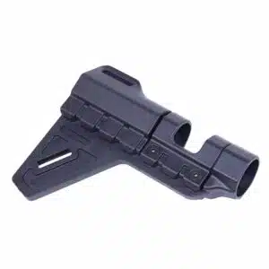 Black polymer tactical pistol brace for AR-style pistol, featuring ribbed design and ergonomic support.