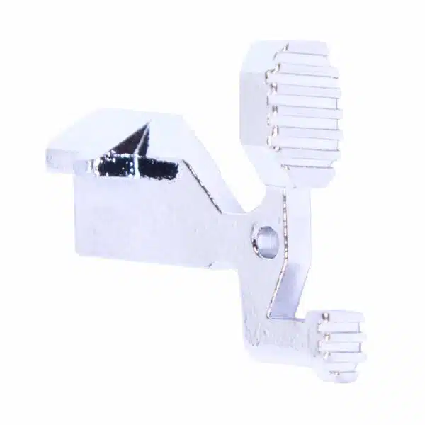 Metallic sewing machine component with textured surfaces for fabric grip and movement.