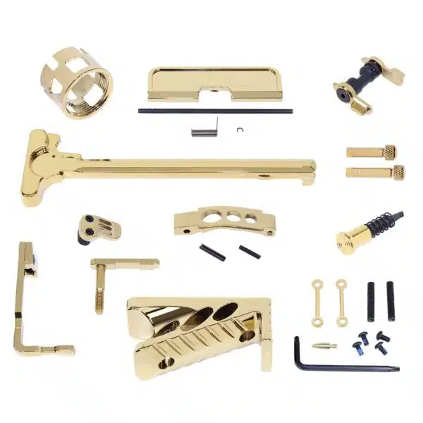 Gold pistol customization kit with titanium nitride finish includes slide, barrel, trigger, pins.
