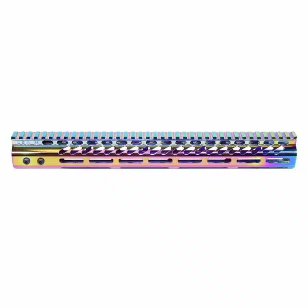 Iridescent metallic ruler with rainbow colors and standard measurement markings.
