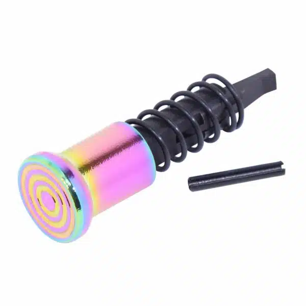 Neo-chrome coilover shock with black spring, vibrant hues for custom car enthusiasts.