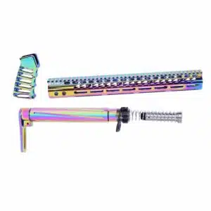 Rainbow iridescent safety razor parts: vibrant, functional design blending grooming with artistry.