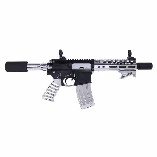 Compact black and silver assault rifle with silencer and tactical modifications on white background.