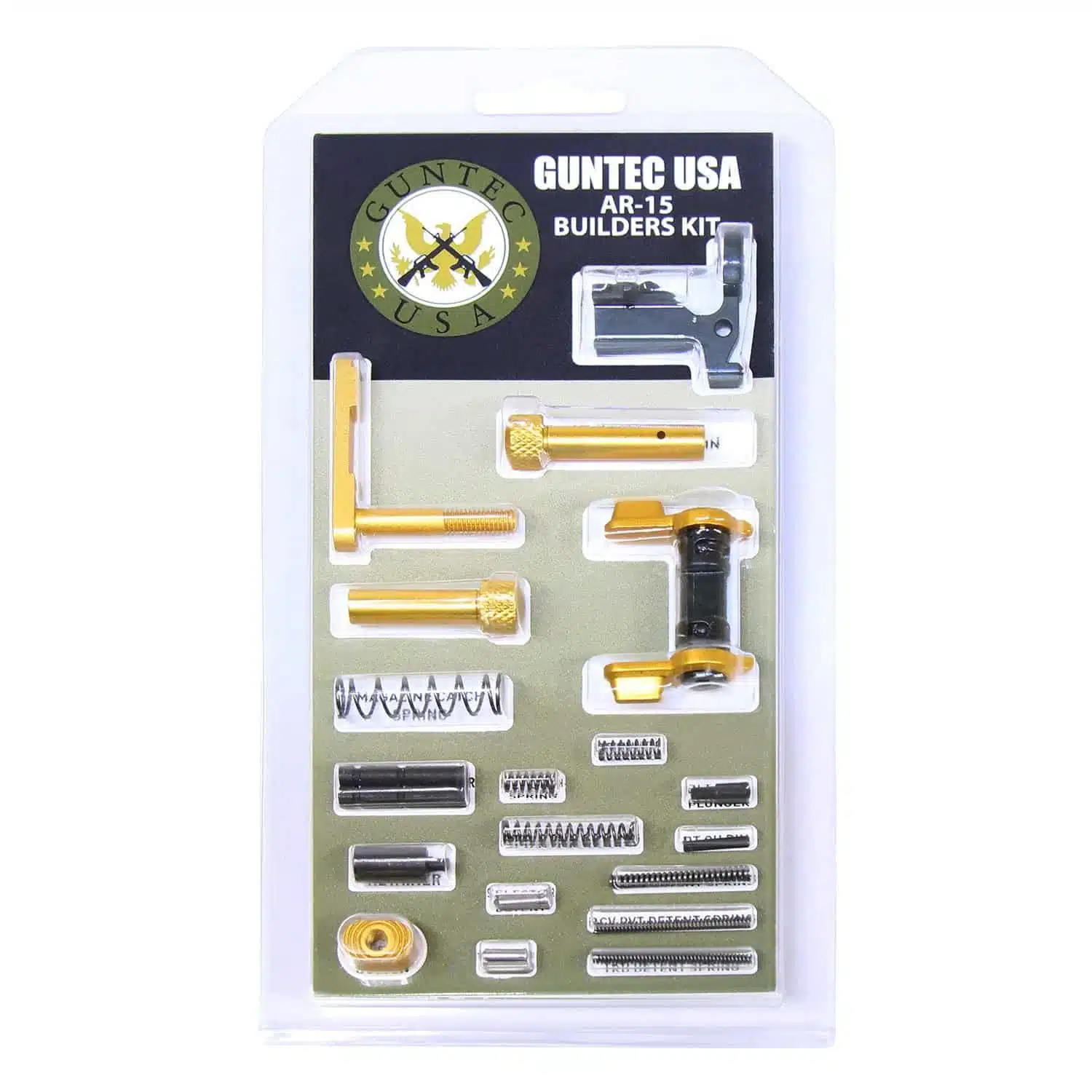 AR-15 Builders Kit with Anodized Gold parts in blister packaging