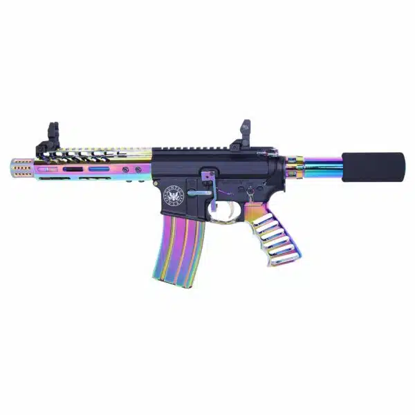 AR-15 style firearm with rainbow finish, featuring tactical components and unique customization.